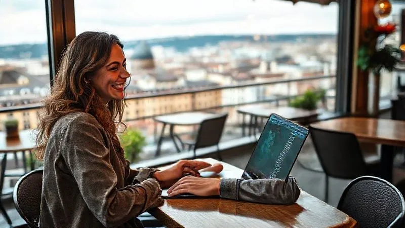 Photorealistic image of a digital nomad, Sofia, working on a laptop in a beautiful cafe with a view of a European city. She is smiling, looking confident, and her screen shows a professional UX/UI design interface. The image conveys success, freedom, and skill. Cinematic lighting, sharp focus on Sofia and her work, depth of field blurring the city background. 8K hyper-detailed, professional photography, shot on a high-end DSLR.