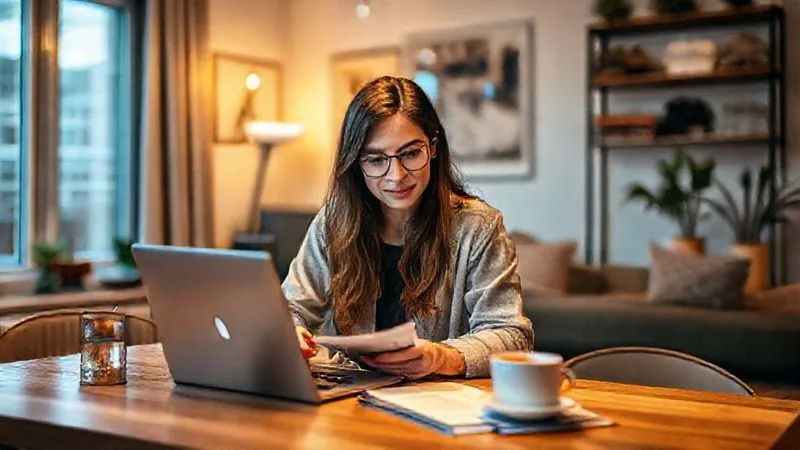 Photorealistic image of a digital nomad, looking focused and organized, working on a laptop with a planner and a cup of coffee on a table. The setting is a cozy, well-lit apartment in a foreign city. The image conveys discipline, organization, and a productive routine. Cinematic lighting, sharp focus on the individual and her workspace, depth of field blurring the background. 8K hyper-detailed, professional photography, shot on a high-end DSLR.