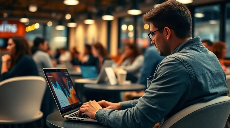 A photorealistic image of a person sitting in a bustling co-working space, deeply focused on their laptop, surrounded by diverse individuals from different cultures. On their screen, a complex graph shows market trends and data analysis, symbolizing strategic career research. Cinematic lighting, sharp focus on the screen and person, depth of field blurring the background. 8K hyper-detailed, shot on a high-end DSLR.