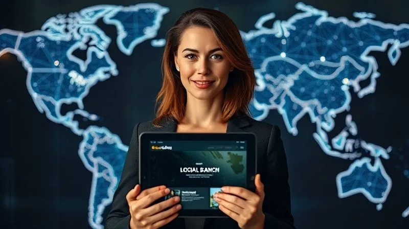 A photorealistic image of a professional woman, mid-30s, with a confident and approachable expression, standing in front of a digital world map with glowing connection lines. She's holding a tablet displaying her personal brand logo and a portfolio website. Cinematic lighting emphasizes her presence and the digital connections. Sharp focus on her and the tablet, depth of field subtly blurring the map. 8K hyper-detailed, shot on a high-end DSLR.