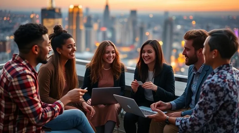 A photorealistic image of a diverse group of digital nomads from different backgrounds, smiling and engaging in conversation at a rooftop co-working space overlooking a vibrant cityscape at dusk. They are exchanging business cards and connecting on laptops, symbolizing global networking and collaboration. Cinematic lighting, sharp focus on the group, depth of field blurring the city lights. 8K hyper-detailed, shot on a high-end DSLR.