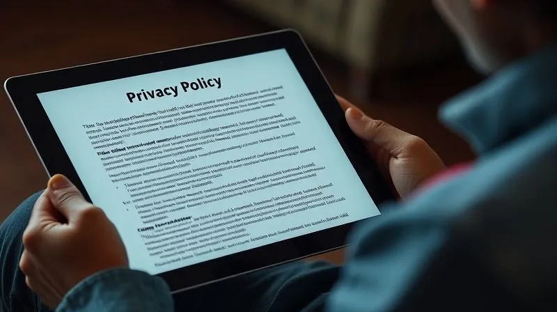 A photorealistic image of a digital nomad carefully reading a complex digital document on a tablet, with privacy policy text highlighted. A padlock icon subtly appears on the screen, indicating data protection. Cinematic lighting, sharp focus, depth of field, 8K, professional photography, shot on a high-end DSLR.