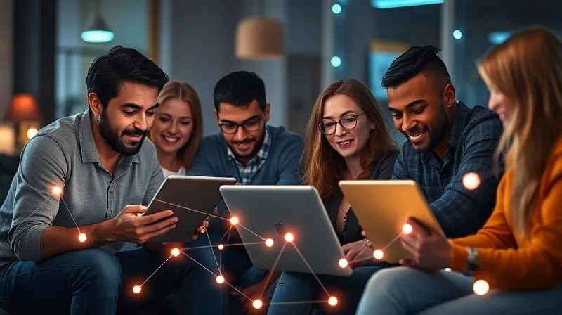 A photorealistic image of a diverse group of digital nomads collaborating securely online, with glowing lines connecting their laptops and tablets, symbolizing encrypted data flow. A sense of trust and seamless teamwork is conveyed. Cinematic lighting, sharp focus, depth of field, 8K, professional photography, shot on a high-end DSLR.