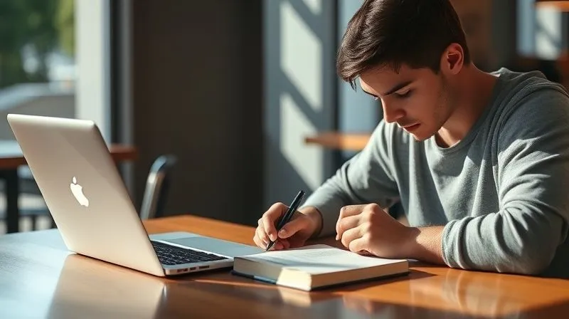 A photorealistic image of a digital nomad sitting at a cafe table, intently writing in a journal with a pen, surrounded by a minimalist laptop setup. The focus is on clarity and intention, with sunlight streaming in. Cinematic lighting, sharp focus on the journal and pen, depth of field blurring the background, 8K hyper-detailed, shot on a high-end DSLR.