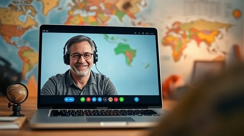 A photorealistic image of a laptop screen displaying a video call with a knowledgeable, friendly instructor, while a digital nomad listens attentively with headphones. The background shows a world map and travel souvenirs. Emphasize trust and expertise. Cinematic lighting, sharp focus on the instructor's face, depth of field blurring the background, 8K hyper-detailed, shot on a high-end DSLR.