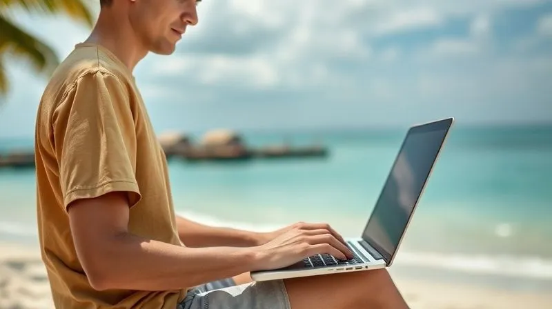 A photorealistic image of a digital nomad working on a laptop in a serene, tropical beachfront setting. The focus is on balance and integration of work/learning into the lifestyle, with the ocean in the background. Cinematic lighting, sharp focus on the laptop and hands, depth of field blurring the beach and ocean, 8K hyper-detailed, shot on a high-end DSLR.