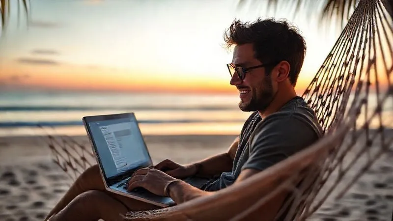 A photorealistic image of a person smiling, working on a laptop on a hammock overlooking a calm beach at sunset, with a Trello-like interface clearly visible on the screen. The scene exudes peace and productivity, cinematic lighting, sharp focus on the laptop, depth of field blurring the background. 8K hyper-detailed, professional photography, shot on a high-end DSLR.