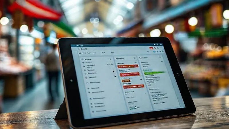 A photorealistic close-up of a Trello card on a tablet screen, showing detailed checklists, attached files, and colorful labels. The background is a blurred, vibrant market scene in a foreign city. Cinematic lighting, sharp focus on the tablet, depth of field blurring the background. 8K hyper-detailed, professional photography, shot on a high-end DSLR.