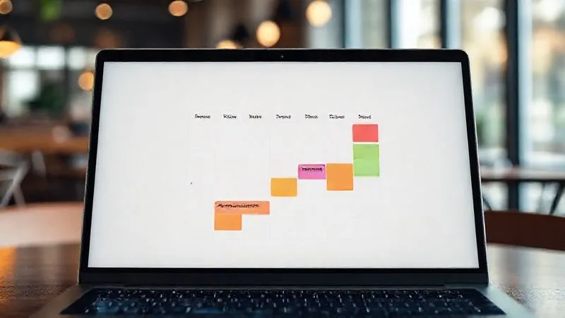 A photorealistic image of a minimalist digital calendar on a laptop screen, displaying color-coded time blocks for different activities like 'Deep Work', 'Meetings', 'Personal Time', and 'Exploration'. The screen is sharp, with cinematic lighting, set against a blurred background of a tranquil cafe or coworking space. 8K hyper-detailed, professional photography, shot on a high-end DSLR.
