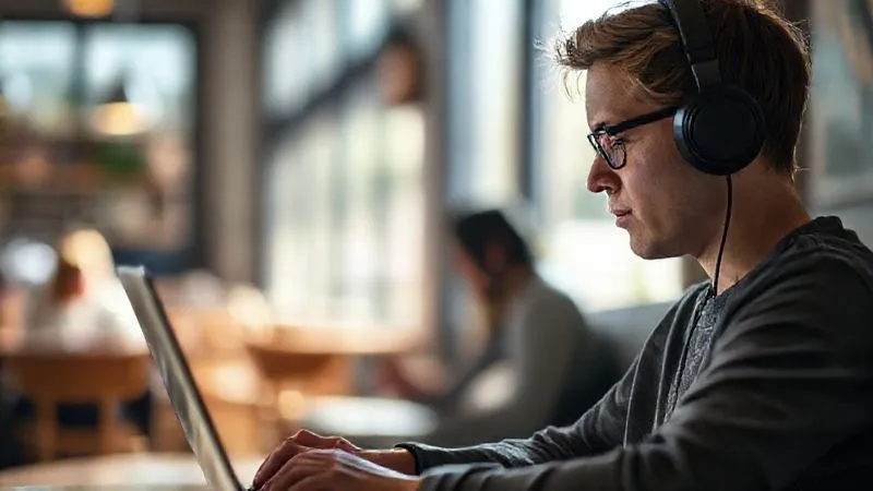 A photorealistic image of a digital nomad wearing noise-canceling headphones, deeply focused on a laptop screen in a quiet, sunlit corner of a co-working space or a cozy cafe. A blurred background suggests movement and other people, but the foreground emphasizes intense concentration. Cinematic lighting, sharp focus on the nomad's face and screen, depth of field. 8K hyper-detailed, professional photography, shot on a high-end DSLR.
