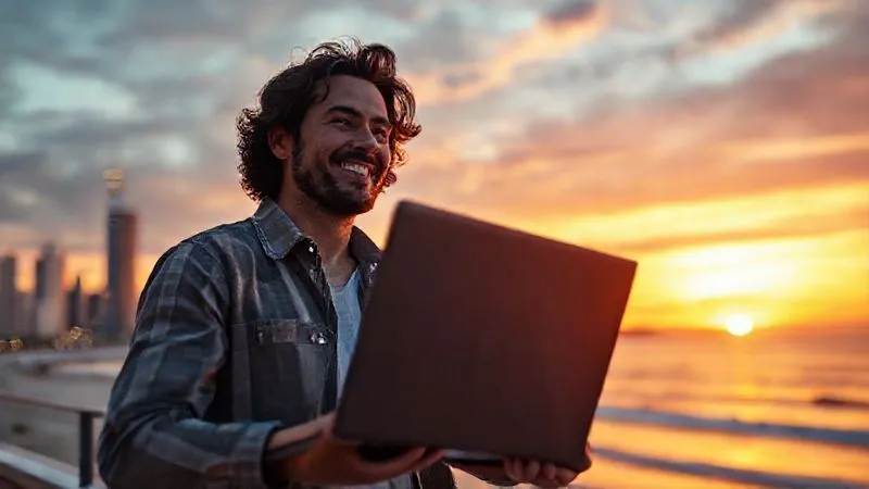 A photorealistic image of a digital nomad closing a laptop with a satisfied smile, looking out at a vibrant sunset over a city skyline or a serene beach. The scene exudes a sense of accomplishment and peaceful transition from work to leisure. Cinematic lighting, sharp focus on the nomad's expression and the laptop, depth of field blurring the background. 8K hyper-detailed, professional photography, shot on a high-end DSLR.