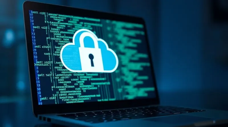 A photorealistic image of a laptop screen displaying intricate, glowing lines of code and data, representing encryption. In the background, a subtle padlock icon is superimposed over a stylized cloud, indicating data security in transit and at rest. Cinematic lighting, sharp focus on the screen, depth of field. Professional photography, 8K, shot on a high-end DSLR.