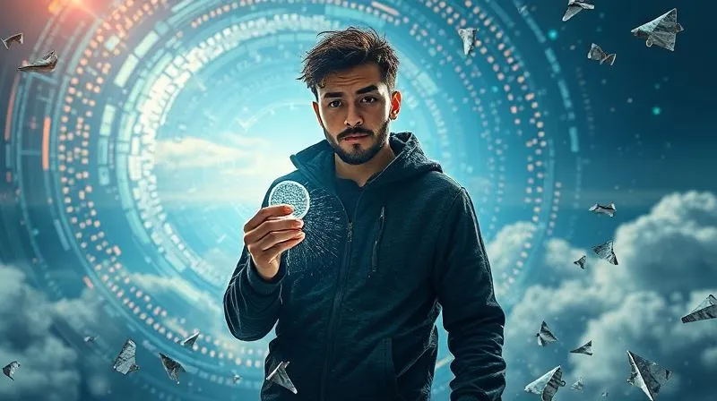 A photorealistic, highly detailed image of a digital nomad, looking determined, standing amidst a swirling vortex of digital data and broken circuits, holding a glowing, intact data shard or a symbolic key. The background transitions from chaos to a calm, pristine cloud landscape, symbolizing successful data recovery and resilience. Cinematic lighting, sharp focus on the nomad, depth of field. Professional photography, 8K, shot on a high-end DSLR.