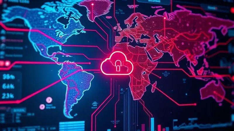 A photorealistic, high-tech interface displaying a dynamic threat map of the internet, with glowing red lines indicating potential attacks converging on a central, secure cloud icon. The screen shows real-time analytics and alerts, symbolizing advanced threat detection and proactive security. Cinematic lighting, sharp focus on the interface, depth of field. Professional photography, 8K, shot on a high-end DSLR.