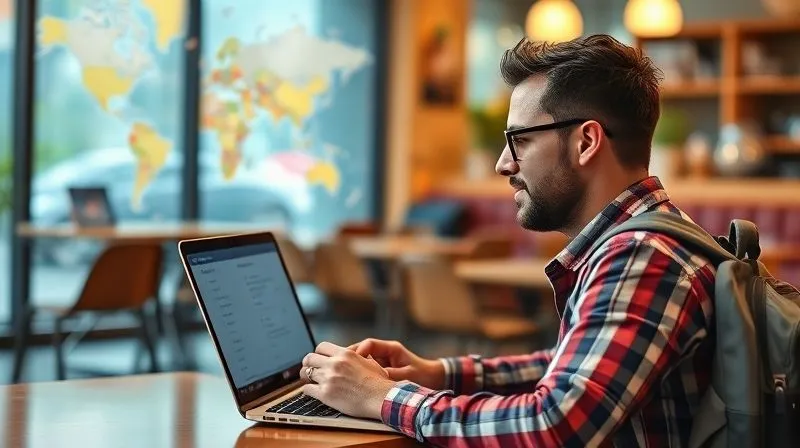 A photorealistic image of a digital nomad sitting in a vibrant cafe, laptop open, a checklist app prominent on the screen, a travel backpack nearby. The person looks focused and calm, with a global map subtly blurred in the background, cinematic lighting, sharp focus on the laptop and hand, depth of field, 8K hyper-detailed.