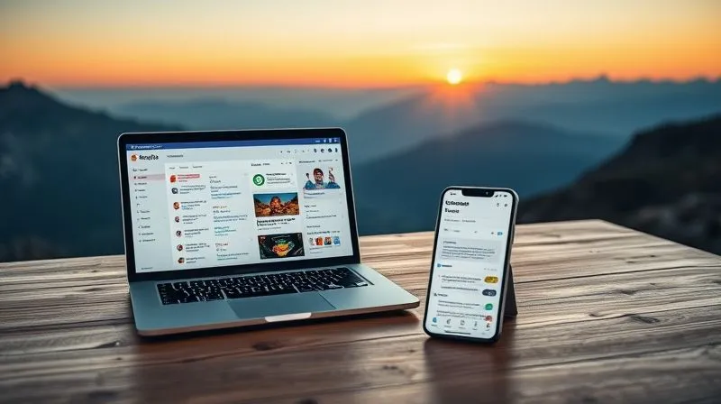 A photorealistic image showing a split screen: on one side, a laptop displaying a Trello board with project tasks and checklists; on the other side, a smartphone showing a Notion page with a detailed project breakdown. Both devices are on a wooden table, overlooking a stunning mountain landscape at sunrise, symbolizing work-life balance for a digital nomad, 8K, cinematic lighting, sharp focus.