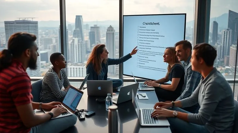 A photorealistic image of a diverse group of digital nomads, some on laptops, some collaborating, in a modern co-working space overlooking a bustling city. One person is pointing at a projected checklist on a wall, fostering discussion and collaboration. The atmosphere is energetic and productive, with cinematic lighting, sharp focus on the people and screen, depth of field, 8K hyper-detailed.
