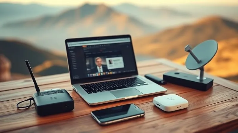 A photorealistic image of a digital nomad's workspace on a wooden table, featuring a sleek laptop running a successful webinar, surrounded by multiple internet devices: a portable MiFi, a smartphone with an active hotspot, and a small, modern satellite internet receiver. Cinematic lighting highlights the seamless connectivity, with a blurred background of a serene mountain landscape. Sharp focus on the technology, depth of field. 8K hyper-detailed, shot on a high-end DSLR.