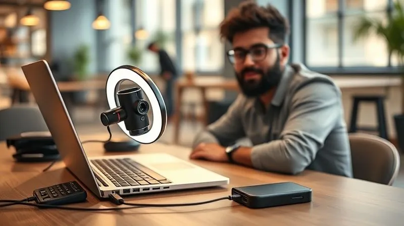 A photorealistic, professional photography image of a digital nomad in a modern co-working space, looking confident and prepared. On the desk, a high-end laptop is connected to an external webcam, a professional USB microphone, and a portable LED ring light illuminating the nomad's face. A large-capacity power bank is visibly connected to the laptop, ensuring continuous power. Cinematic lighting, sharp focus on the tech and the nomad, depth of field blurring the background. 8K hyper-detailed, shot on a high-end DSLR.