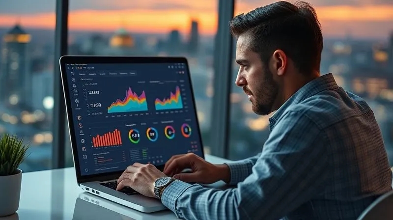 A photorealistic image of a digital nomad intently analyzing a complex analytics dashboard on a laptop screen, showing various charts and graphs representing webinar performance metrics (attendance, engagement, conversion rates). The nomad has a thoughtful expression, surrounded by a clean, modern workspace with a blurred background of a vibrant city skyline at dusk. Cinematic lighting highlights the data on the screen, sharp focus, depth of field. 8K hyper-detailed, shot on a high-end DSLR.