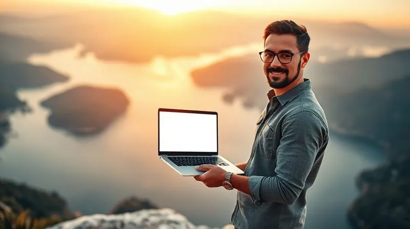 A photorealistic, professional photography image of a confident and empowered digital nomad, male or female, standing on a cliff overlooking a vast, inspiring landscape (e.g., mountains meeting the sea). They are holding a sleek laptop open, displaying a successful webinar interface, with a slight smile. The sun is setting, casting a warm, cinematic glow. Sharp focus on the nomad and the laptop, depth of field blurring the breathtaking background. 8K hyper-detailed, shot on a high-end DSLR.