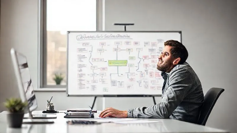 A photorealistic, professional photography image of a digital nomad sitting at a clean desk, looking at a large whiteboard covered with a neatly drawn, colorful flowchart representing a simplified and optimized workflow. The nomad has a thoughtful, satisfied expression. Cinematic lighting, sharp focus on the flowchart and the nomad, depth of field blurring a distant window view, 8K hyper-detailed, shot on a high-end DSLR