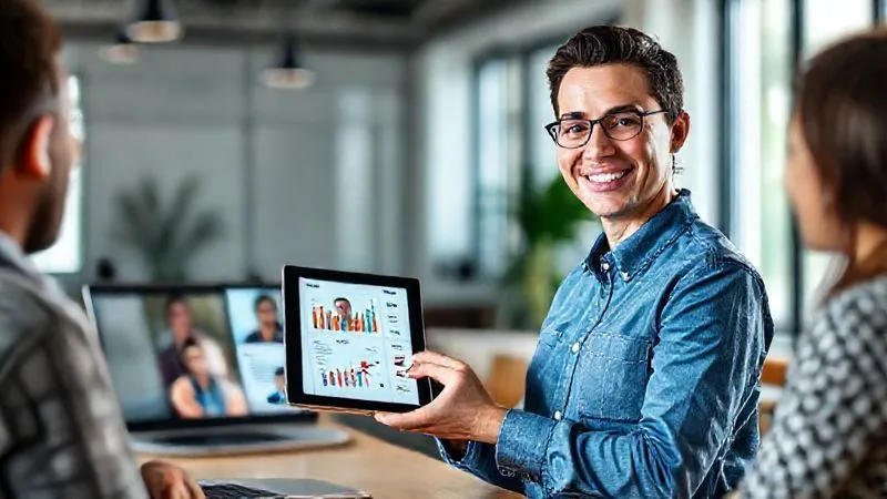 A photorealistic image of a digital nomad, smiling confidently, presenting a clear, organized digital dashboard on a tablet to a small, diverse group of remote team members visible on a laptop screen. The background is a modern co-working space with natural light. Emphasize clarity, collaboration, and a sense of shared understanding. Professional photography, 8K, cinematic lighting, sharp focus on the nomad and screens, depth of field, shot on a high-end DSLR
