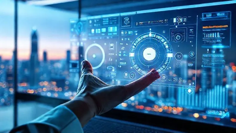 A photorealistic image of a sleek, futuristic digital nomad workspace with holographic interfaces displaying interconnected apps and data streams, all seamlessly integrated. A hand reaches out to interact with a floating, intuitive dashboard. Emphasize innovation, ease of use, and advanced technology. Cinematic lighting, sharp focus on the holographic elements and the hand, depth of field blurring a futuristic city skyline, 8K hyper-detailed, shot on a high-end DSLR