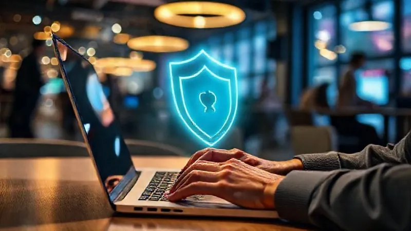 A photorealistic image of a digital nomad working on a laptop in a bustling co-working space, a subtle glowing shield icon overlaid on the screen, symbolizing protection. Cinematic lighting, sharp focus on the laptop and hands, depth of field blurring the background, 8K hyper-detailed, professional photography, shot on a high-end DSLR.