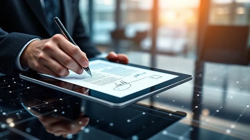 A photorealistic image of a professional legal document with a digital signature pad on a sleek tablet, overlayed with a subtle, glowing network grid. A hand is about to sign digitally. Cinematic lighting, sharp focus on the document, depth of field blurring a modern office background, 8K hyper-detailed, professional photography, shot on a high-end DSLR.