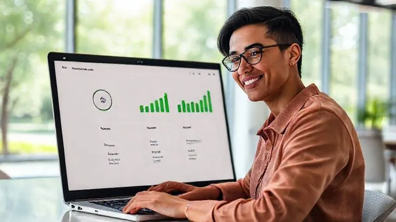 A photorealistic image of a digital nomad, smiling subtly, looking at a minimalist dashboard on a laptop. The dashboard displays three key performance indicators (KPIs) with green upward arrows for 'Well-being Score', 'Project Completion Rate', and 'Cultural Immersion Days'. The background is a bright, airy co-working space with large windows overlooking a lush park. Cinematic lighting, sharp focus on the screen and nomad's face, depth of field blurring the background, 8K, shot on a high-end DSLR.