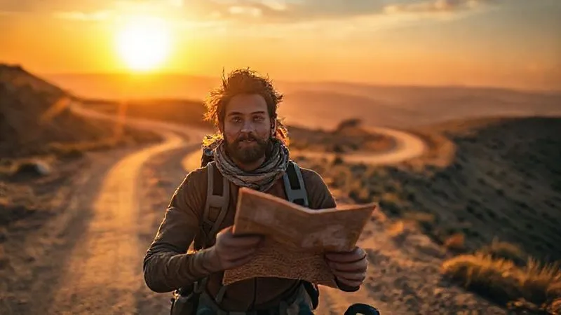 A photorealistic, professional photography of a digital nomad, looking determined but calm, navigating a winding, dusty road through a beautiful, challenging landscape. They are holding a map or device, symbolizing direction and overcoming obstacles. The sun is setting, casting long shadows. 8K, cinematic lighting, sharp focus on the nomad's face, depth of field blurring the vast landscape, shot on a high-end DSLR.