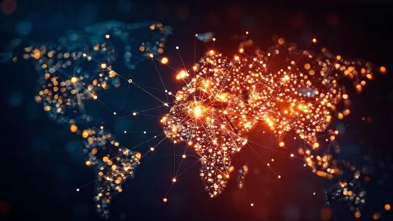 A photorealistic, highly detailed network graph of interconnected nodes, some glowing brightly (positive mentions), others dimly or with broken lines (negative or weak mentions), all emanating from a central, abstract representation of a digital nomad's brand. The network is set against a blurred background of a global map, with data streams flowing between continents. Professional photography, 8K, cinematic lighting, sharp focus on the network, depth of field. Shot on a high-end DSLR.
