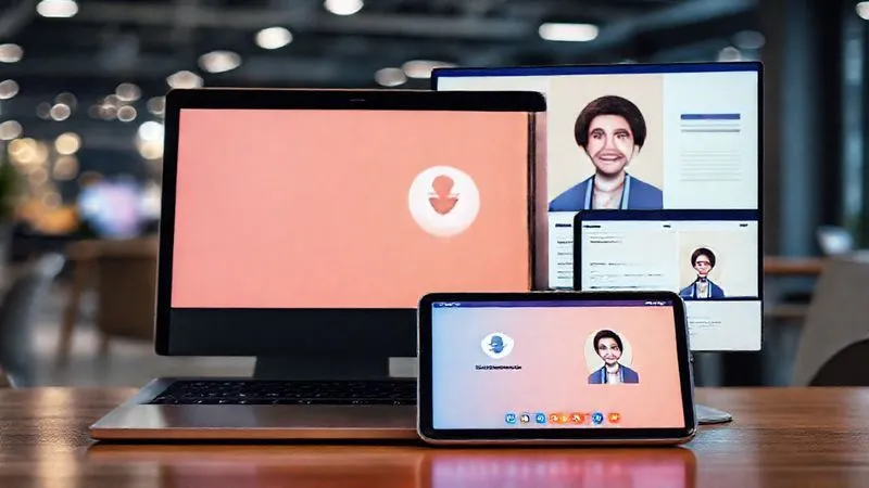 A photorealistic image of multiple glowing digital screens (laptop, tablet, smartphone) displaying consistent and professional branding elements – a unified logo, color palette, and professional headshot – all seamlessly integrated into different social media and website interfaces. The screens are arranged in a dynamic, slightly overlapping composition, implying interconnectedness. Professional photography, 8K, cinematic lighting, sharp focus on the screens, depth of field blurring a background of a modern co-working space.