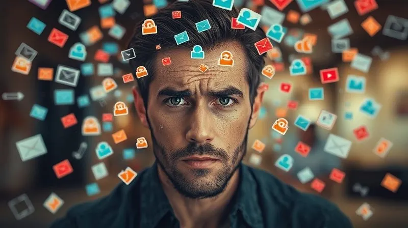 Photorealistic image of a digital nomad looking stressed, surrounded by a chaotic visual representation of numerous Slack notification bubbles, messages, and icons swirling around their head like a digital storm, reflecting information overload. Cinematic lighting, sharp focus on the nomad's face, depth of field blurring the background, 8K hyper-detailed, shot on a high-end DSLR.