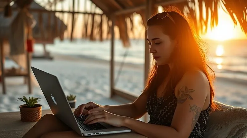 A photorealistic image of a female digital nomad, Sofia, working calmly on her laptop in a beautiful yet subtly challenging environment like a beach hut in Bali. There are signs of local life but her focus is intense on the screen. The setting sun casts a warm, cinematic light. Sharp focus on Sofia and her laptop, depth of field, 8K hyper-detailed, professional photography, shot on a high-end DSLR.
