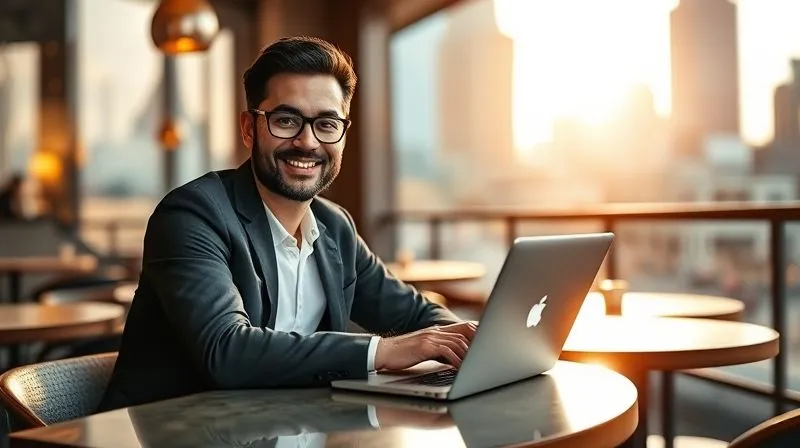 A professional digital nomad sitting at a cafe table, laptop open, with a radiant, confident aura emanating from them, representing a strong personal brand. The background is a slightly blurred, vibrant cityscape, conveying global presence. Photorealistic, professional photography, 8K, cinematic lighting, sharp focus on the person, depth of field, shot on a high-end DSLR, warm natural light.