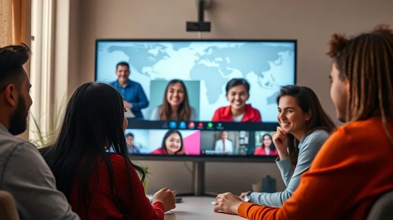 A photorealistic image of diverse digital nomads from different parts of the world engaging in a friendly, thoughtful video call, symbolizing nurtured online relationships. Screens show smiling faces, and there's a sense of global connection and mutual respect. Professional photography, 8K, cinematic lighting, sharp focus on the main screen, depth of field, shot on a high-end DSLR, warm ambient light.
