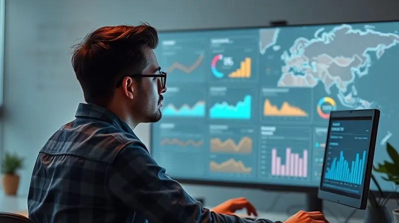 A photorealistic image of a digital nomad thoughtfully analyzing a dashboard displaying various metrics and graphs related to online networking and project conversions. The screen shows clear, actionable data visualizations. The setting is a modern, minimalist workspace with a global map in the background. Professional photography, 8K, cinematic lighting, sharp focus on the dashboard, depth of field, shot on a high-end DSLR, cool, analytical lighting.