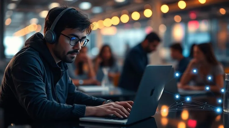 A photorealistic image of a digital nomad working intensely on a laptop in a vibrant co-working space, surrounded by blurred figures also collaborating. A subtle overlay of glowing network lines connects the individuals, symbolizing digital trust and collaboration. Cinematic lighting, 8K, sharp focus on the nomad, depth of field. The mood is focused and connected.