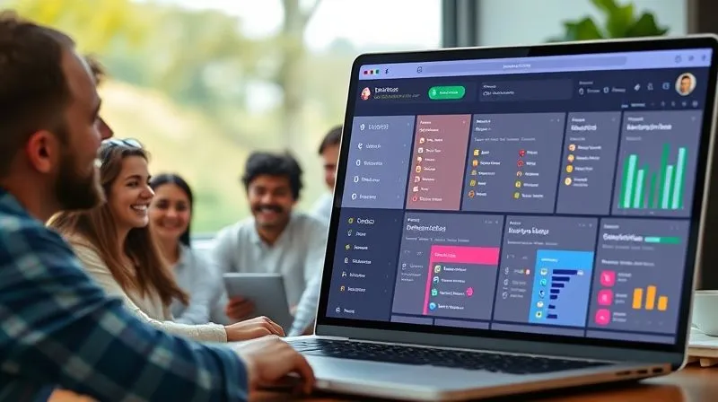 A photorealistic image showing a split screen: on one side, a diverse group of people from different countries engaged in a video conference call, smiling and interacting. On the other side, a vibrant and organized project management dashboard on a laptop screen, with tasks and progress bars. Cinematic lighting, 8K, sharp focus, depth of field. Symbolizes seamless digital communication and collaboration.