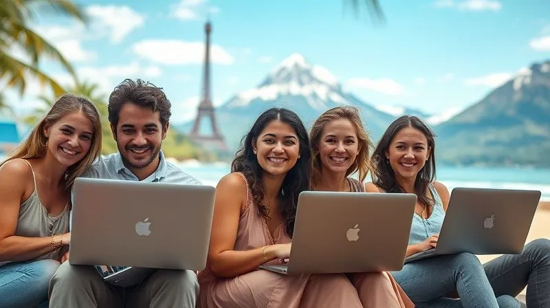 A photorealistic image of a diverse group of digital nomads, each in a different iconic location (e.g., a beach in Thailand, a cafe in Paris, a mountain in Patagonia), all looking at their laptops and smiling, with subtle visual cues suggesting they are connected virtually. The image radiates warmth, connection, and global empathy. Cinematic lighting, 8K, sharp focus, depth of field.