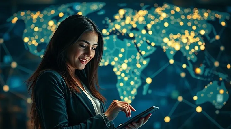 A photorealistic image of a glowing, intricate network of interconnected nodes, symbolizing a global professional reputation and strong references. In the foreground, a digital nomad is confidently interacting with a tablet, with positive testimonials and recommendations subtly displayed as part of the network. Cinematic lighting, 8K, sharp focus, depth of field. The mood is empowering and successful.