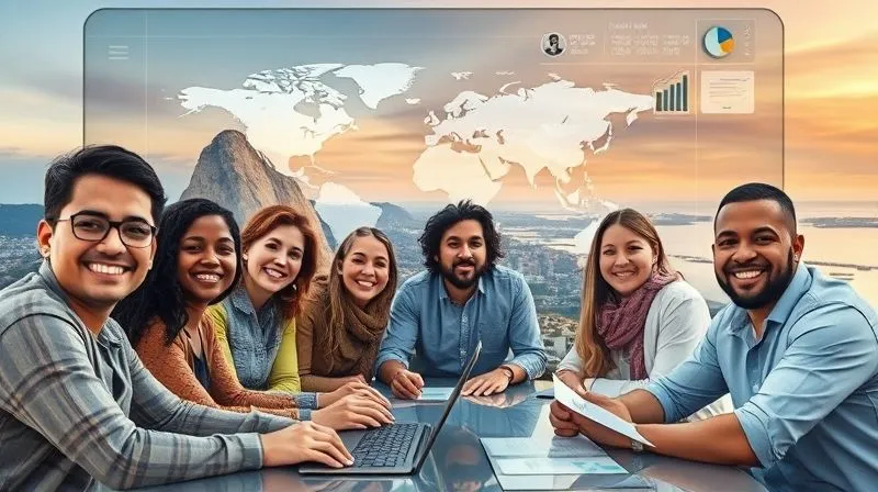 A photorealistic image of diverse people from different continents participating in a virtual meeting on a large holographic screen. Each person is in a unique, inspiring location (e.g., a mountain top, a bustling city street, a serene beach), smiling and engaged. The holographic screen shows data, charts, and shared documents. Cinematic lighting, sharp focus on the faces, depth of field blurring the distant backgrounds. 8K hyper-detailed, shot on a high-end DSLR, professional photography.