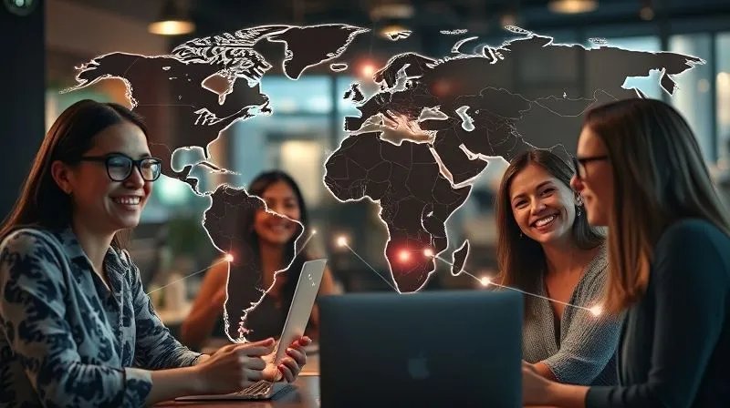 A photorealistic image of a diverse group of digital nomads, each in a different part of the world (e.g., a cafe in Paris, a co-working space in Bali, a home office in Brazil), engaged in a seamless virtual networking event. Their faces are visible on a futuristic, transparent interface, smiling and interacting. Glowing lines connect them, symbolizing global professional bonds. Cinematic lighting, sharp focus on the interactions, depth of field blurring the backgrounds. 8K hyper-detailed, shot on a high-end DSLR, professional photography.