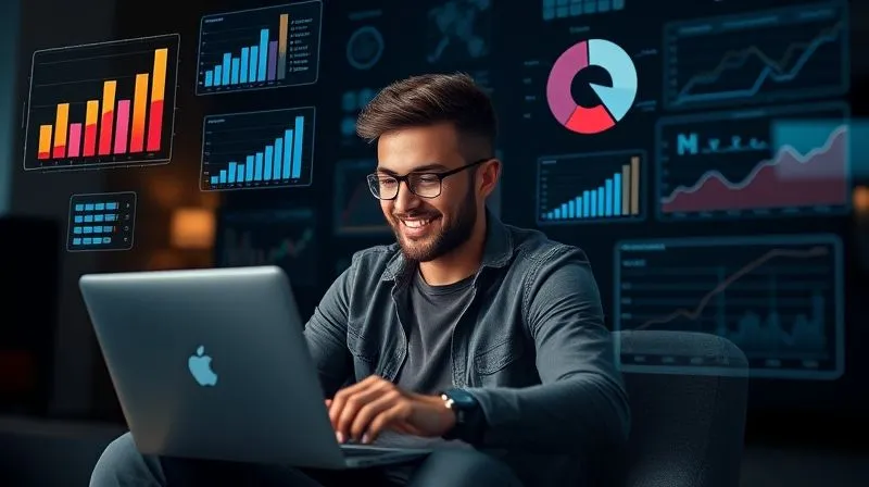 A photorealistic image of a digital nomad sitting at a laptop, surrounded by holographic data visualizations floating in the air: bar charts showing career growth, pie charts illustrating skill development, and line graphs tracking project completion rates. The nomad is smiling, looking at the data with satisfaction and making notes. Cinematic lighting, sharp focus on the data and the nomad's face, depth of field blurring the background. 8K hyper-detailed, shot on a high-end DSLR, professional photography.