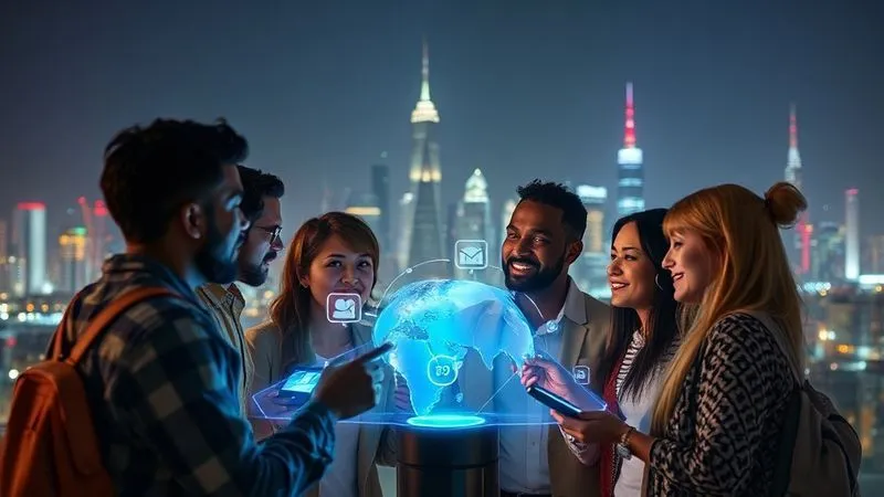 A photorealistic image of a diverse group of digital nomads collaborating and exchanging ideas around a glowing holographic interface that displays speech bubbles and feedback icons, set against a backdrop of global city skylines. Cinematic lighting, sharp focus, depth of field, 8K hyper-detailed, professional photography.