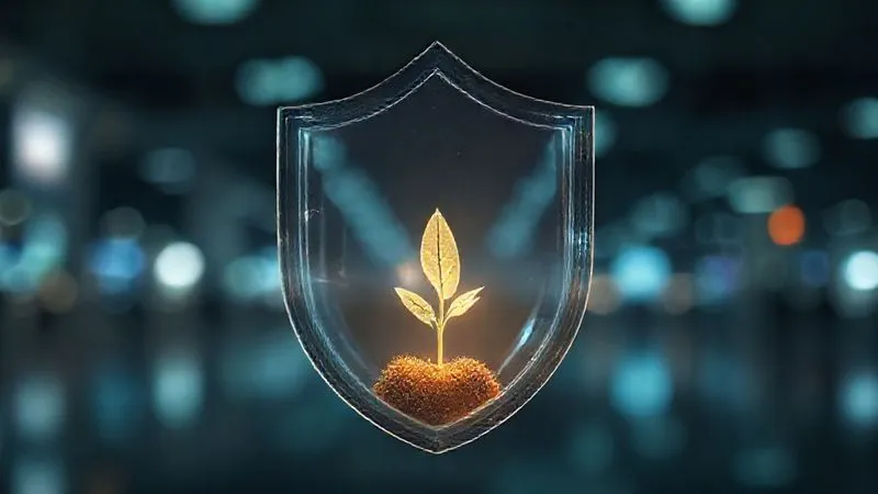 A photorealistic image of a transparent shield protecting a small, glowing seed, symbolizing psychological safety nurturing authentic feedback. The background shows blurred digital nomads in various locations. Cinematic lighting, sharp focus on the shield and seed, depth of field, 8K hyper-detailed.