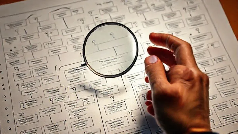 A photorealistic image of a person holding a magnifying glass over a complex flowchart with question marks, representing the detailed process of formulating specific questions for authentic feedback. Cinematic lighting, sharp focus on the flowchart, depth of field, 8K hyper-detailed.