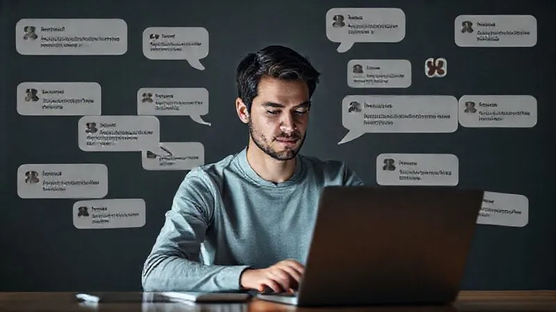 A photorealistic image of a person sitting calmly at a laptop, surrounded by thought bubbles representing different feedback comments (some positive, some critical). The person has a serene expression, categorizing and analyzing the feedback. Cinematic lighting, sharp focus, depth of field, 8K hyper-detailed.
